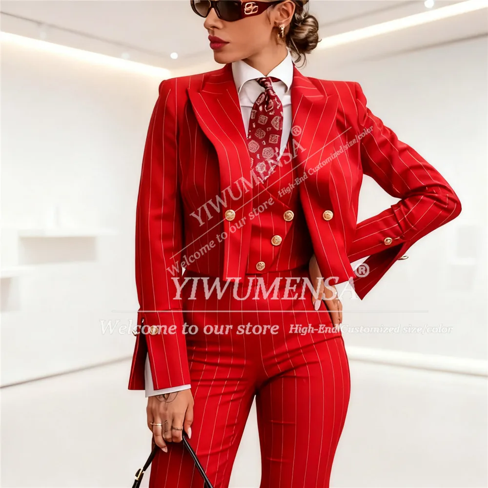 Classic Stripes Women Suits 3 Pieces Sets Peaked Lapel Prom Blazers Outfits Customized Lady Business Office Attire Mother Tuxedo