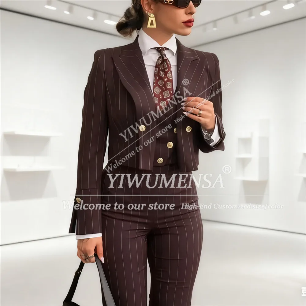 Classic Stripes Women Suits 3 Pieces Sets Peaked Lapel Prom Blazers Outfits Customized Lady Business Office Attire Mother Tuxedo
