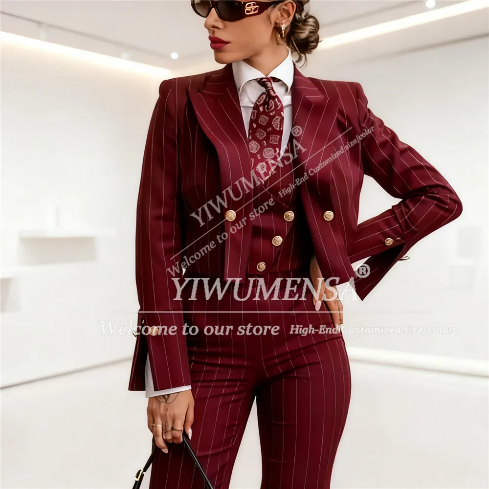 Classic Stripes Women Suits 3 Pieces Sets Peaked Lapel Prom Blazers Outfits Customized Lady Business Office Attire Mother Tuxedo