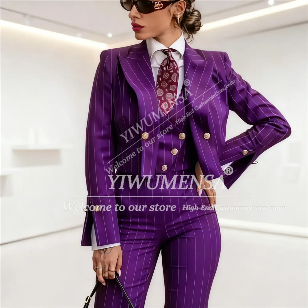 Classic Stripes Women Suits 3 Pieces Sets Peaked Lapel Prom Blazers Outfits Customized Lady Business Office Attire Mother Tuxedo