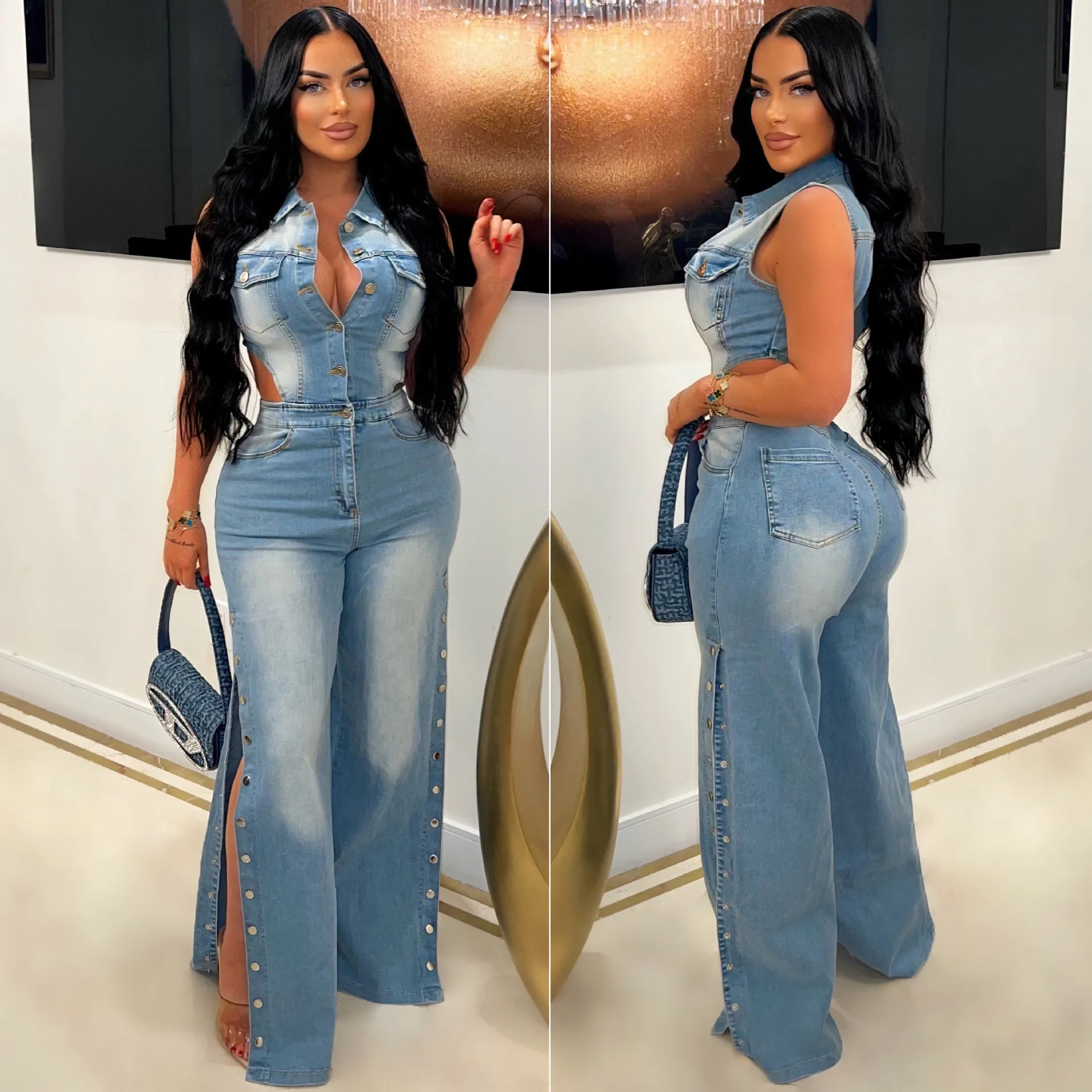 Jumpsuits Women Denim Pants One Piece Sleeveless Turn Down Collar Overalls Sheath Sexy Straight Long Pant Rompers Slim Fit