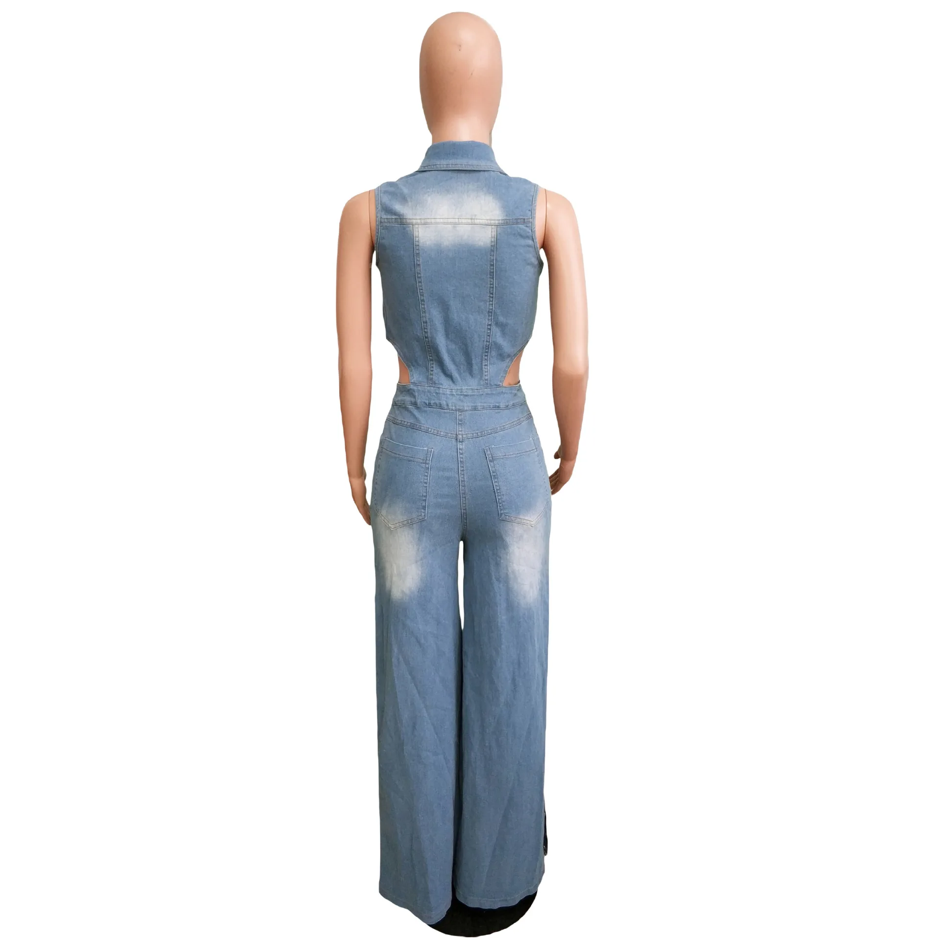 Jumpsuits Women Denim Pants One Piece Sleeveless Turn Down Collar Overalls Sheath Sexy Straight Long Pant Rompers Slim Fit