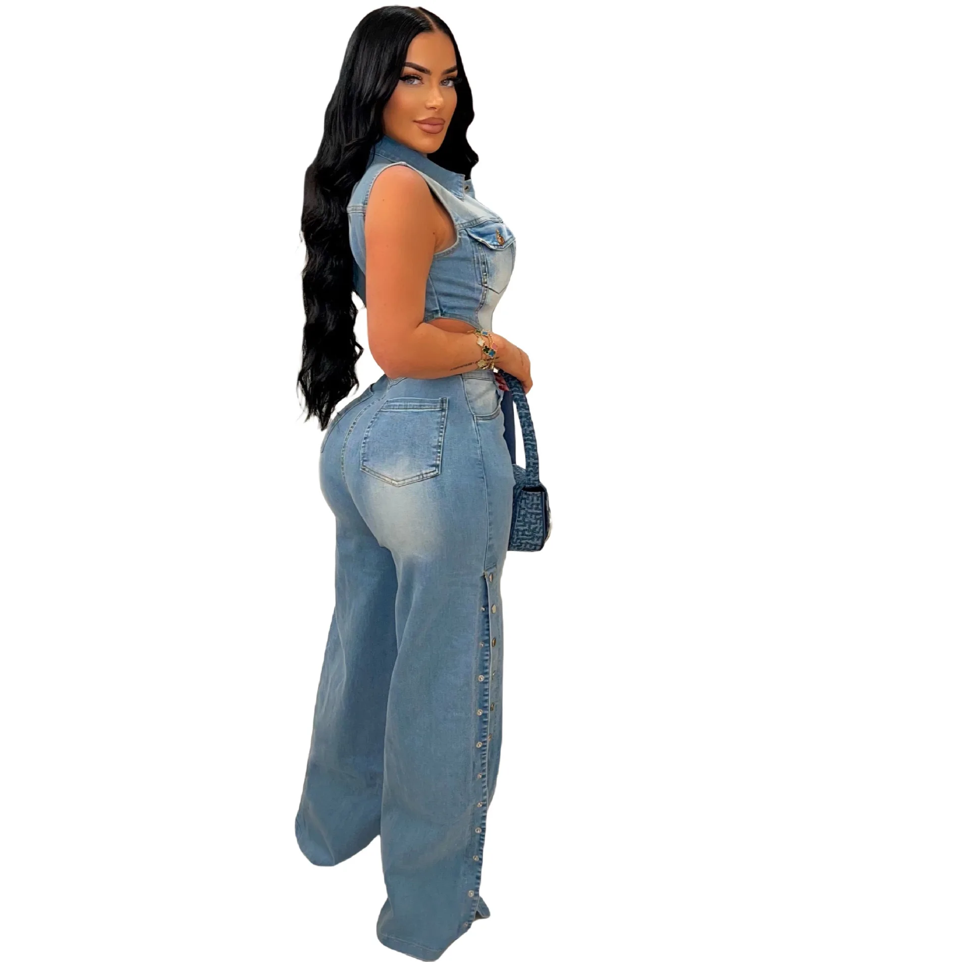 Jumpsuits Women Denim Pants One Piece Sleeveless Turn Down Collar Overalls Sheath Sexy Straight Long Pant Rompers Slim Fit