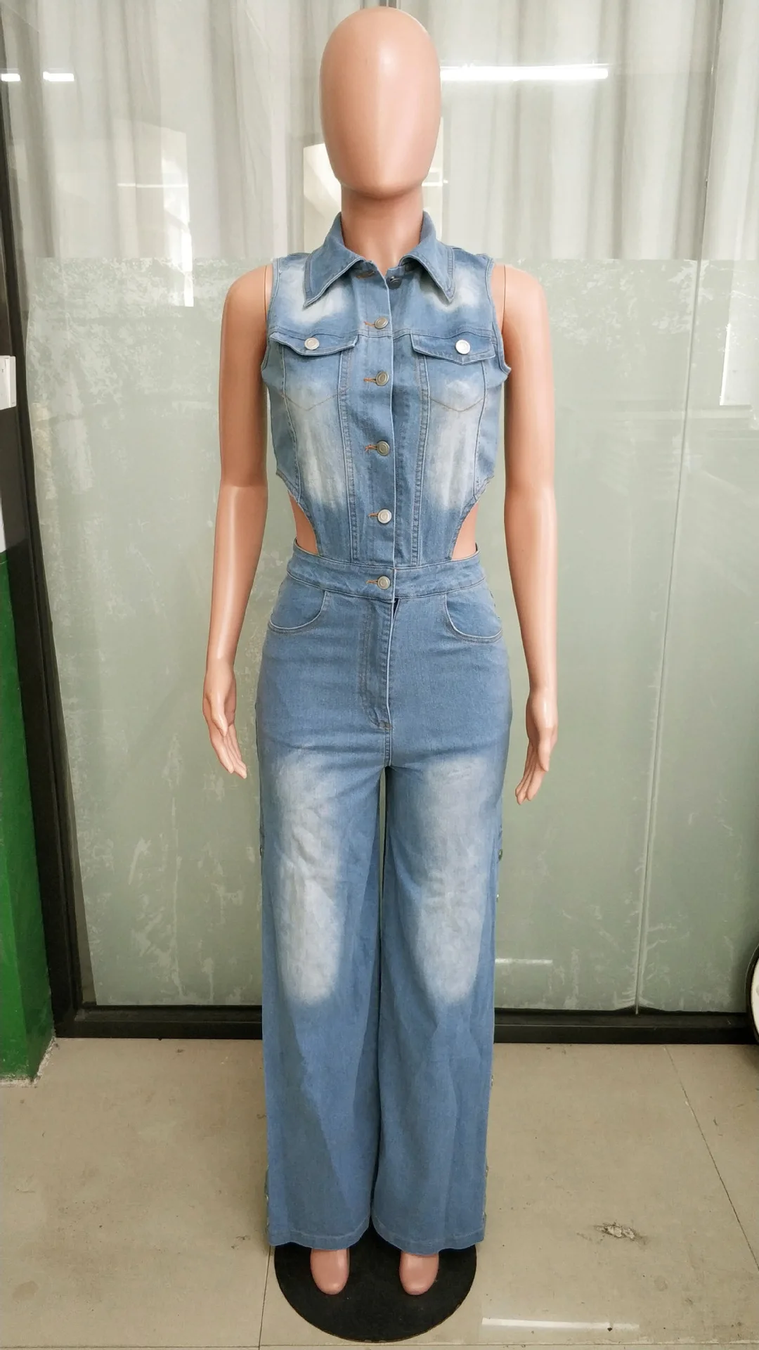Jumpsuits Women Denim Pants One Piece Sleeveless Turn Down Collar Overalls Sheath Sexy Straight Long Pant Rompers Slim Fit