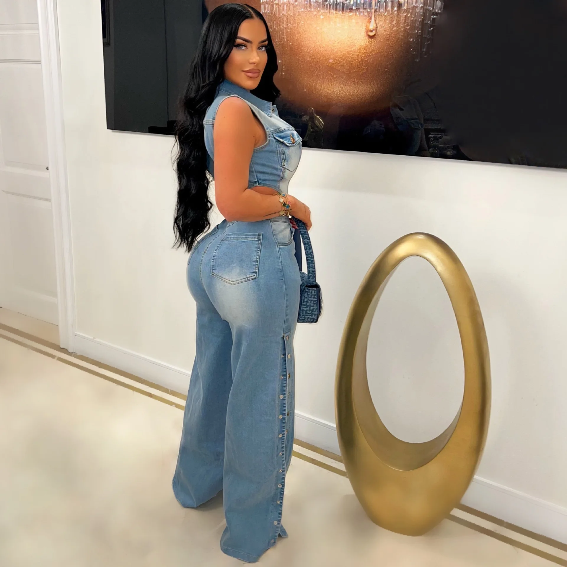 Jumpsuits Women Denim Pants One Piece Sleeveless Turn Down Collar Overalls Sheath Sexy Straight Long Pant Rompers Slim Fit