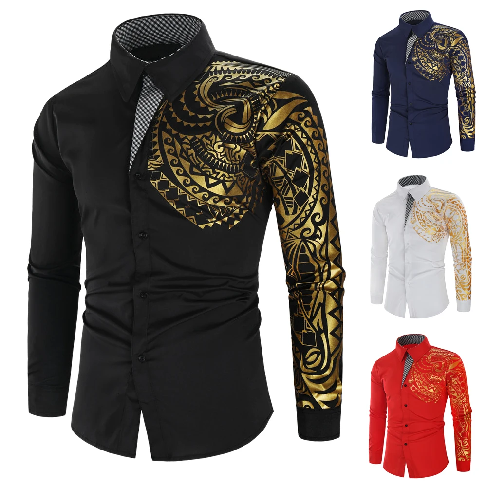 2026 Men's Brand Shirt, Luxury Gold High Quality Long Sleeve Shirts, Business White Black Men Dress Prom Social Print Shirts