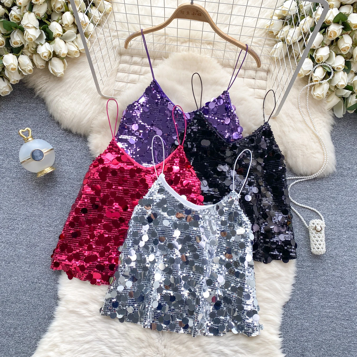 Sexy Glitter Sequined Camis Chic Slim Party Club Tank Top Basic Fashion Off Shoulder Tops Women Hotsweet Crop Top