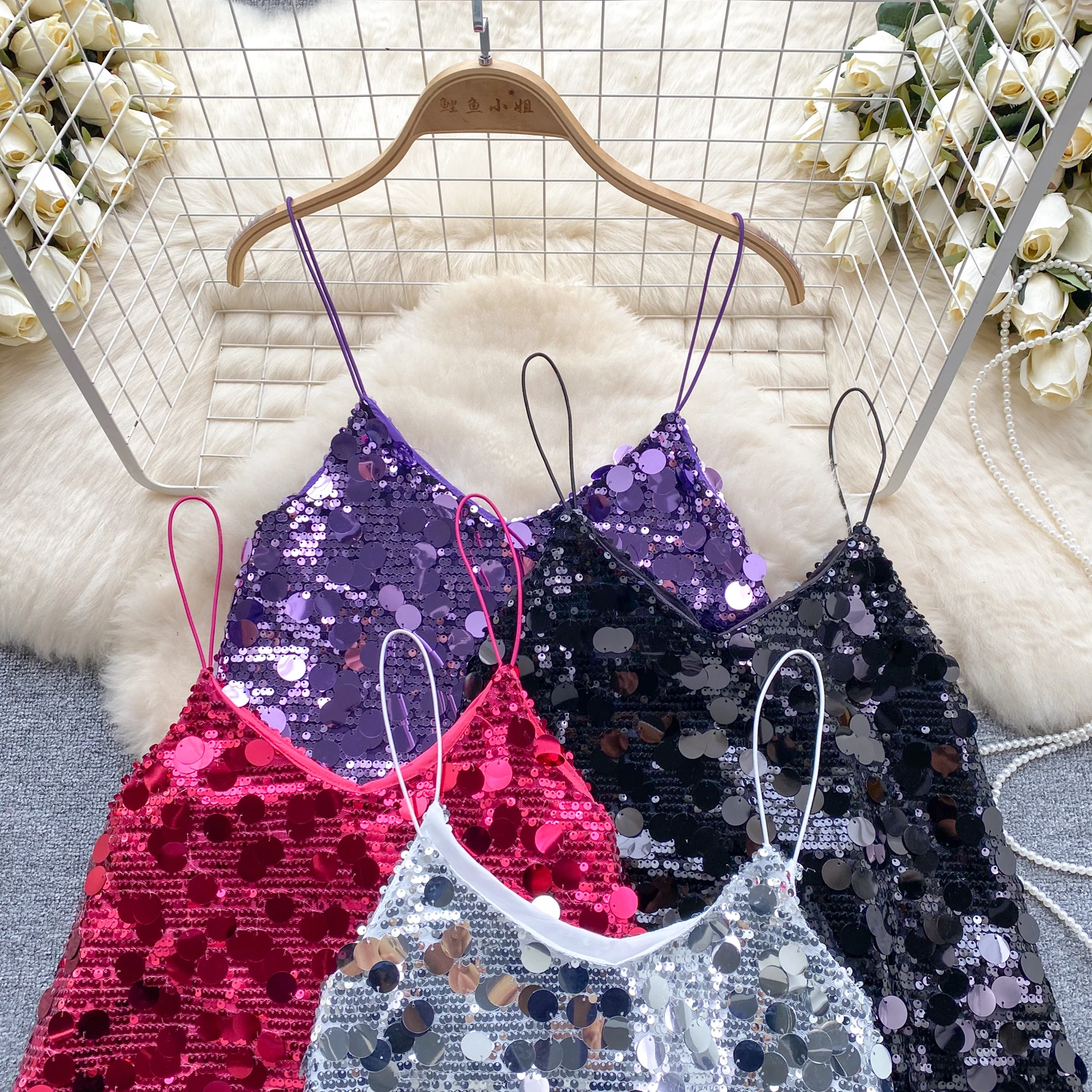 Sexy Glitter Sequined Camis Chic Slim Party Club Tank Top Basic Fashion Off Shoulder Tops Women Hotsweet Crop Top
