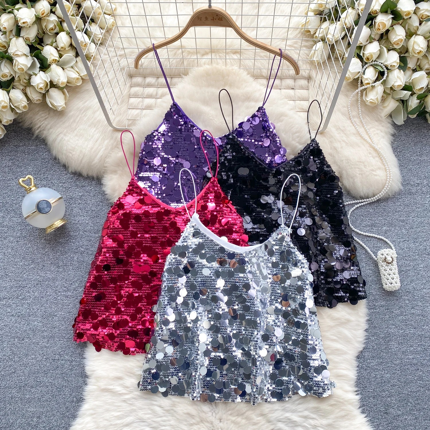 Sexy Glitter Sequined Camis Chic Slim Party Club Tank Top Basic Fashion Off Shoulder Tops Women Hotsweet Crop Top