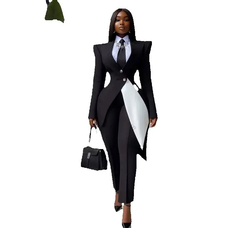 Fashion Black White Women Suit Pants Set 2 Pcs Blazer+Trousers Formal Office Jacket Customized Cotton Wedding Tuxedos Prom Coat