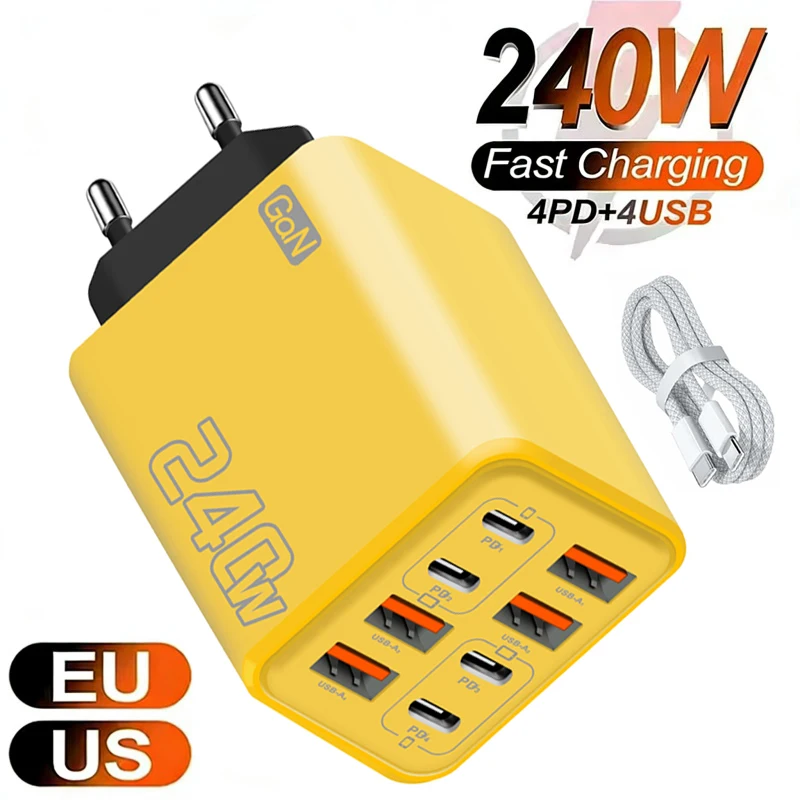 240W GaN USB C Charger 8 in 1 Fast Charging Phone Charger Power Adapter For iPhone Samsung Xiaomi Type C EU/US Plug Wall Charger