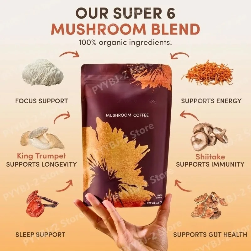 Organic Mushroom Coffee Powder Contain 6 Types Adaptogenic Mushrooms Extract MCT Oil Brewing Use Smooth Daily Beverage Support
