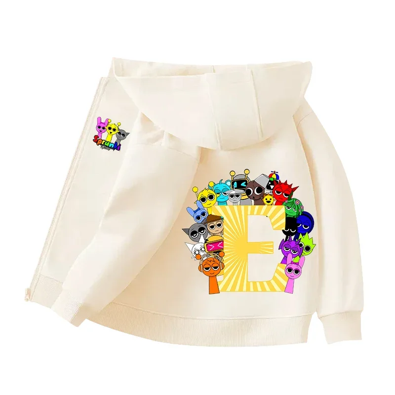 Sprunki Child Cardigan Jacket Anime Cartoon A-Z Letter Windbreaker Hooded Girl Clothes Casual Thin Tops Coat Kids Clothing Gift