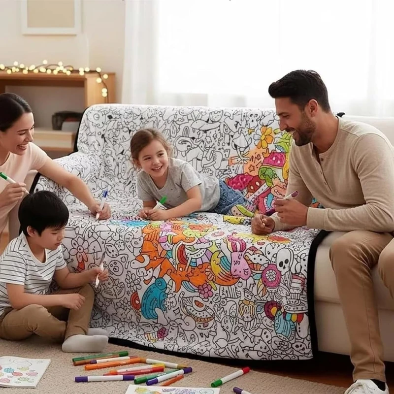 DIY Coloring Blanket with 24 Colors Markers, 125x156cm Washable Cozy Velvet Throw Giant Doodle Colored Blanket for Living Room