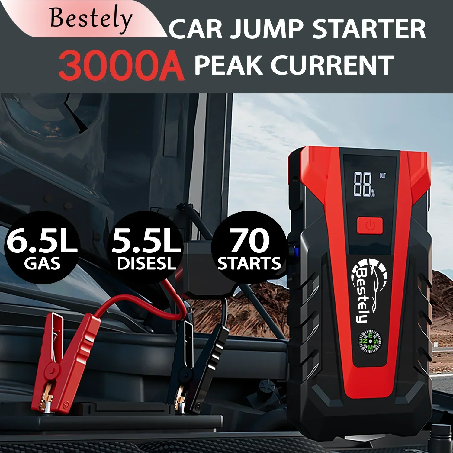 Bestely 12V 99800mAh 3000A Car Jump Starter Car Battery Starters Portable Power Bank 12V Starting Device Petrol Diesel Car