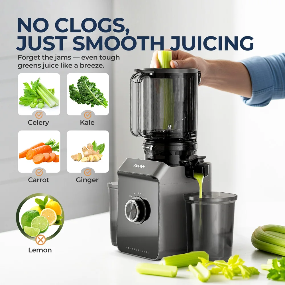 ROUNY Cold Press Extractor with Filter-Free, Easy Clean Electric Fruit Slow Juicer Machine with 130mm Large Feed Caliber, Black