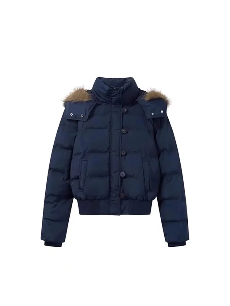 Autumn Winter Fur Hooded Jacket Women Outerwear Thick Dowon Cotton Padded Slim Short Parkas Female Cropped Puffer Bubble Coat