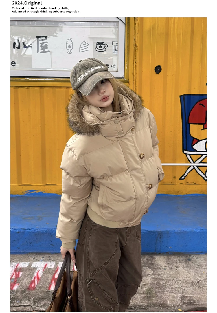 Autumn Winter Fur Hooded Jacket Women Outerwear Thick Dowon Cotton Padded Slim Short Parkas Female Cropped Puffer Bubble Coat