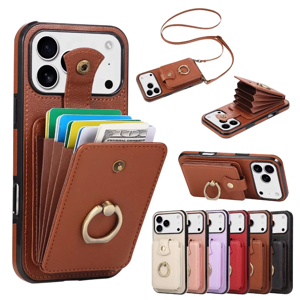 RFID Blocking Crossbody Wallet Card Holder Ring Phone Case for iPhone 17 Air 16E 15 14 Plus 13 12 Mini 11 Pro XS Max XR XS X 7 8