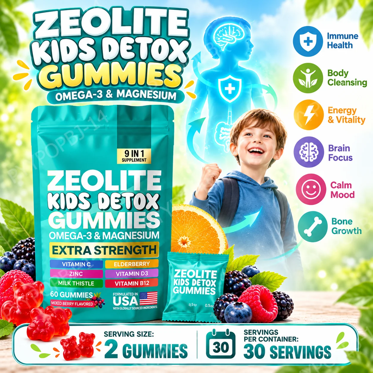 Zeolite Kids Detox Gummies, Support Body Cleansing & Immune Health & Energy & Brain Focus & Calm Mood & Bone Growth,60 Gummies