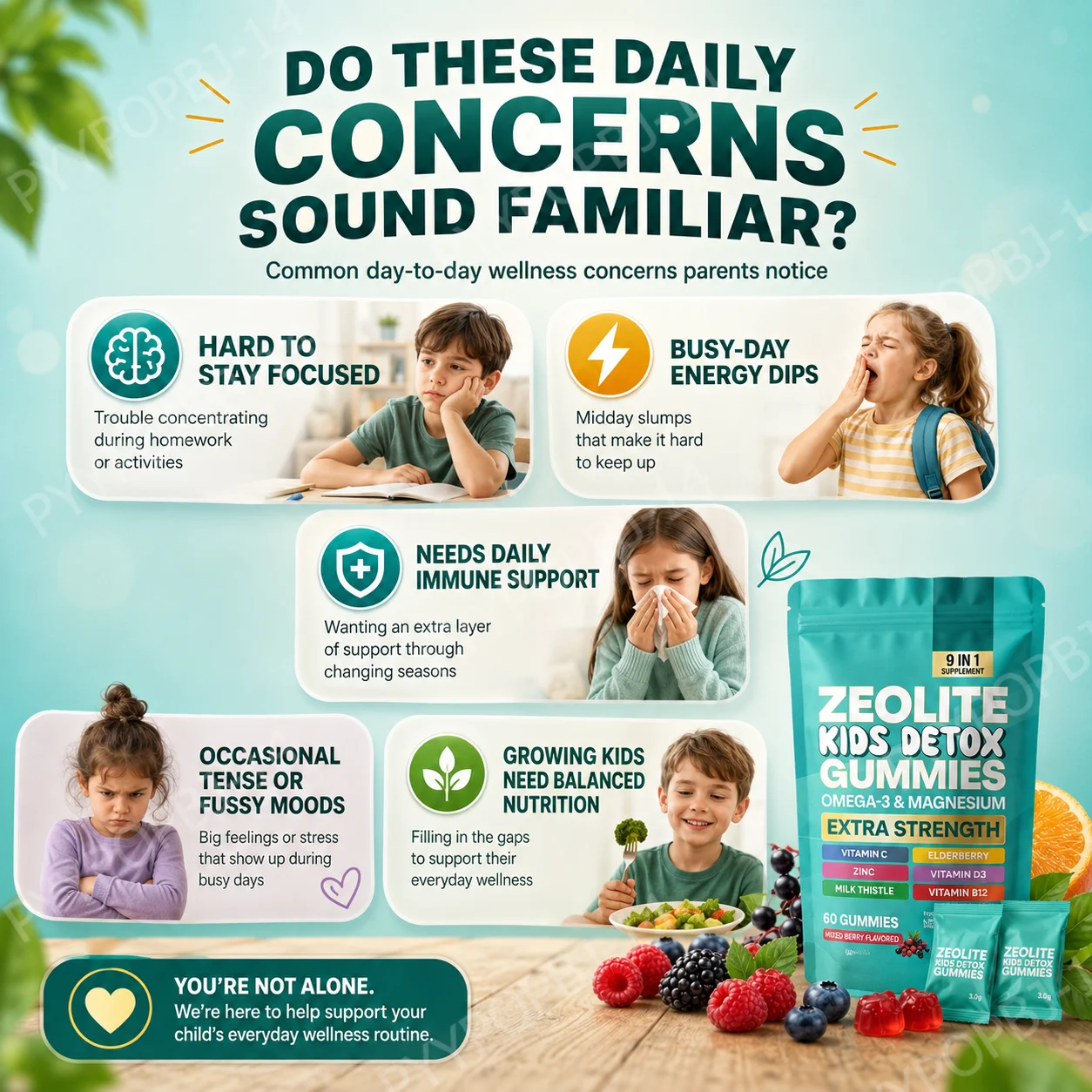 Zeolite Kids Detox Gummies, Support Body Cleansing & Immune Health & Energy & Brain Focus & Calm Mood & Bone Growth,60 Gummies