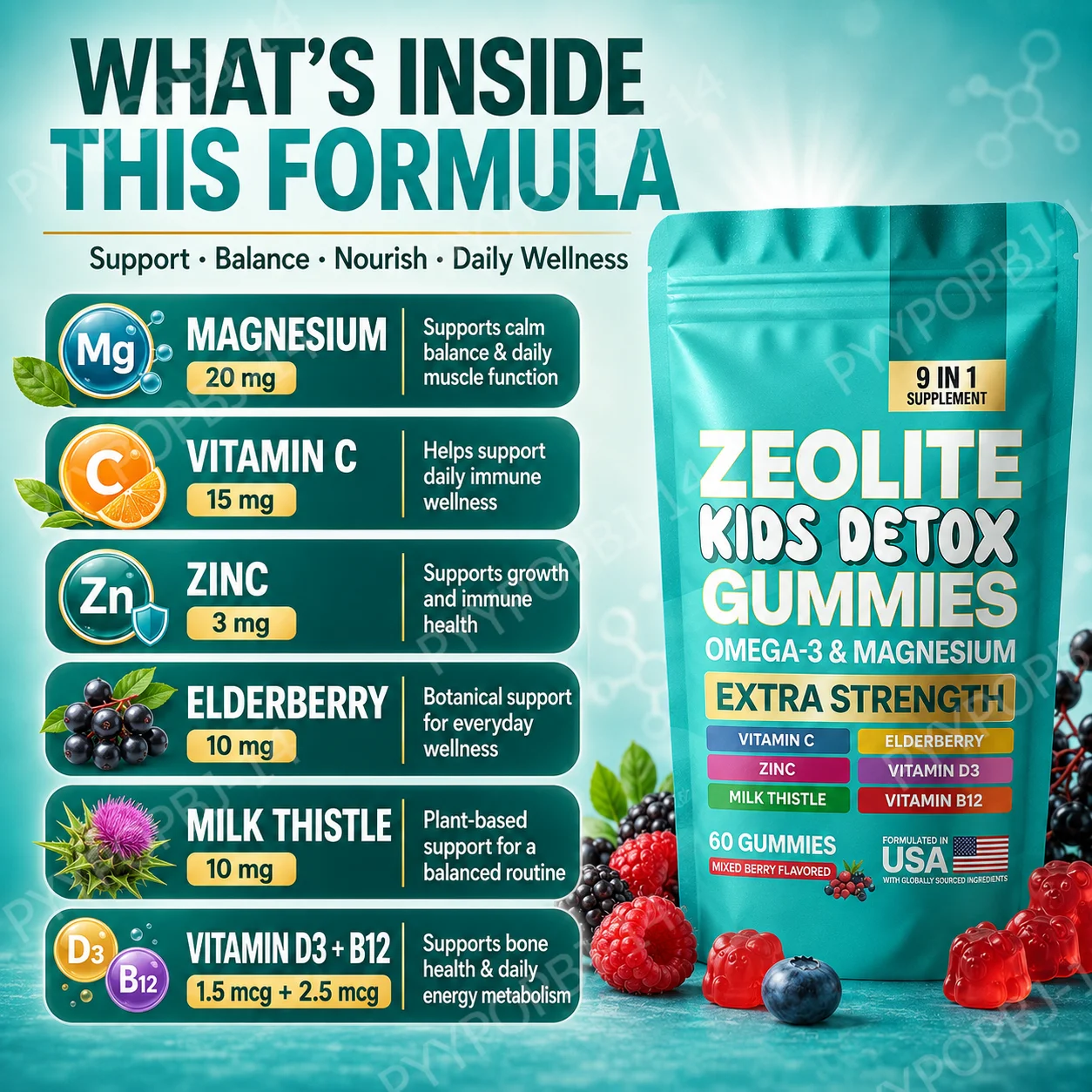 Zeolite Kids Detox Gummies, Support Body Cleansing & Immune Health & Energy & Brain Focus & Calm Mood & Bone Growth,60 Gummies