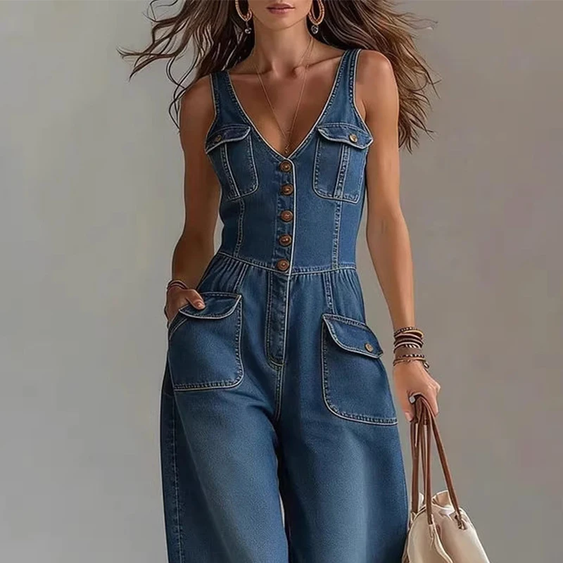 Elegant High Street Denim Suspender Jumpsuit Casual Sleeveless Pockets Straight   Party Playsuits Fashion Single-breasted Romper