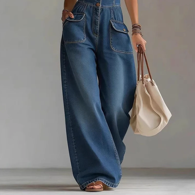 Elegant High Street Denim Suspender Jumpsuit Casual Sleeveless Pockets Straight   Party Playsuits Fashion Single-breasted Romper
