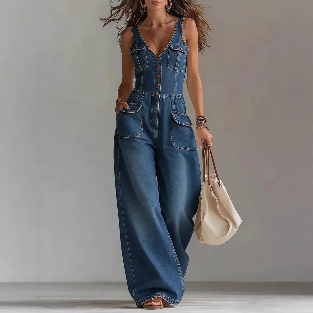 Elegant High Street Denim Suspender Jumpsuit Casual Sleeveless Pockets Straight   Party Playsuits Fashion Single-breasted Romper