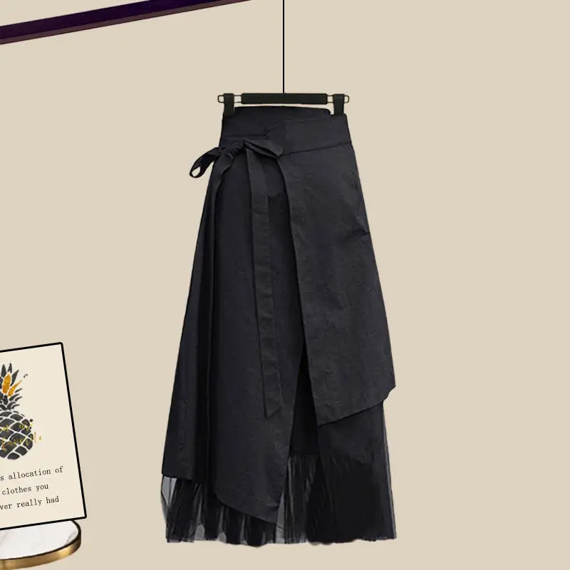 Women's Spring Autumn New Fashion Fake Two Piece Knit Sweater+Strap A-line Skirt Suit Korean Elegant Pullover Dress Matching Set