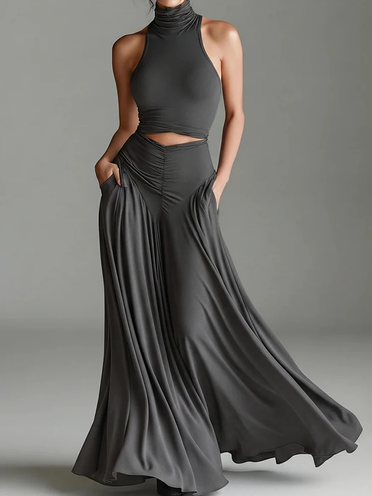 Women's Turtleneck Sleeveless Pullover Short Top with Maxi Skirts Two-Piece Set Casual Elegant Holiday Simple Outfit Streetwear