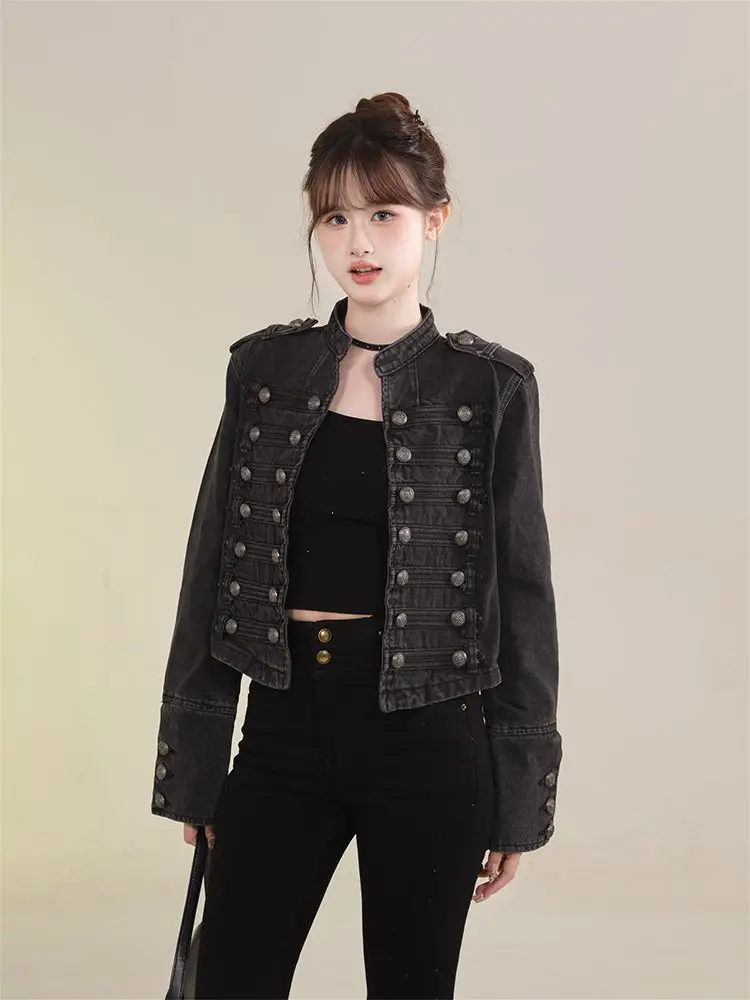 Women's Clothing Short Coat New Jeans Jacket Retro Button Design Slim Stand-up Collar Long Sleeves Denim Top Jacket Short Coat