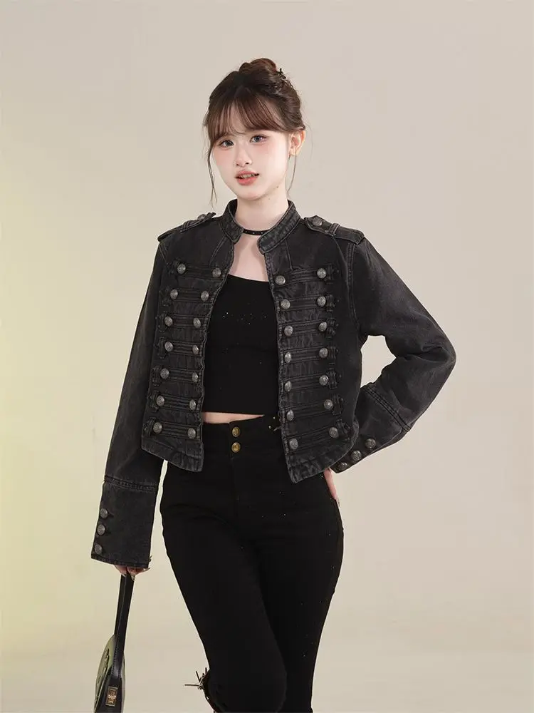 Women's Clothing Short Coat New Jeans Jacket Retro Button Design Slim Stand-up Collar Long Sleeves Denim Top Jacket Short Coat