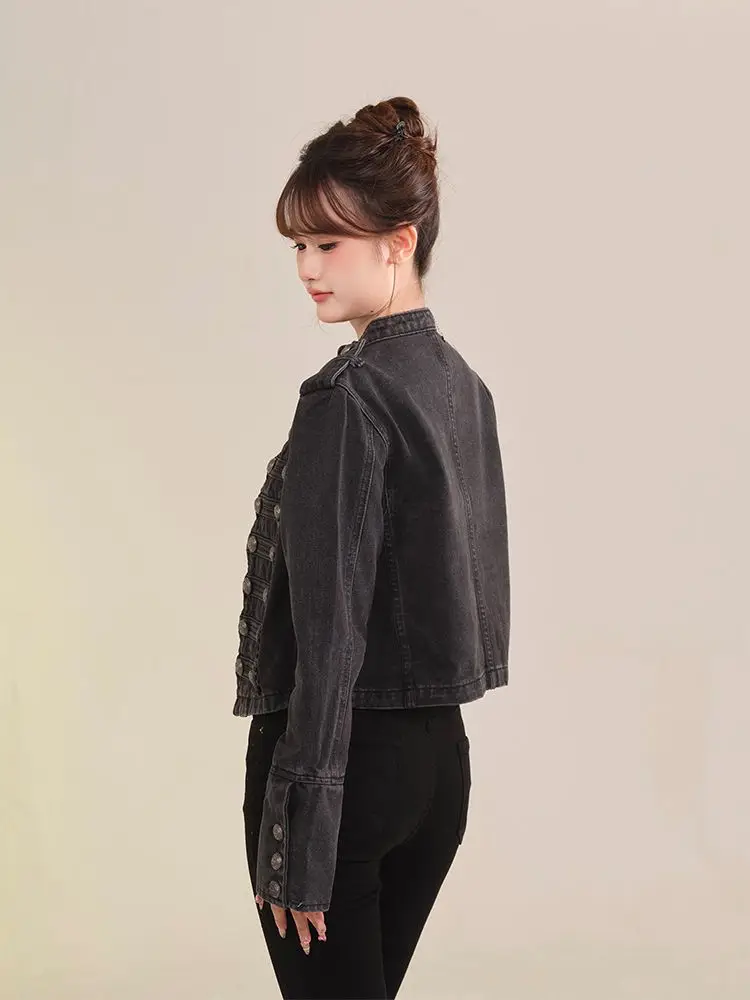 Women's Clothing Short Coat New Jeans Jacket Retro Button Design Slim Stand-up Collar Long Sleeves Denim Top Jacket Short Coat