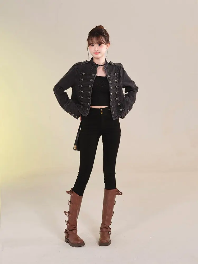Women's Clothing Short Coat New Jeans Jacket Retro Button Design Slim Stand-up Collar Long Sleeves Denim Top Jacket Short Coat