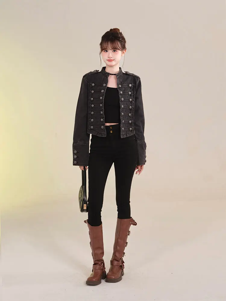 Women's Clothing Short Coat New Jeans Jacket Retro Button Design Slim Stand-up Collar Long Sleeves Denim Top Jacket Short Coat