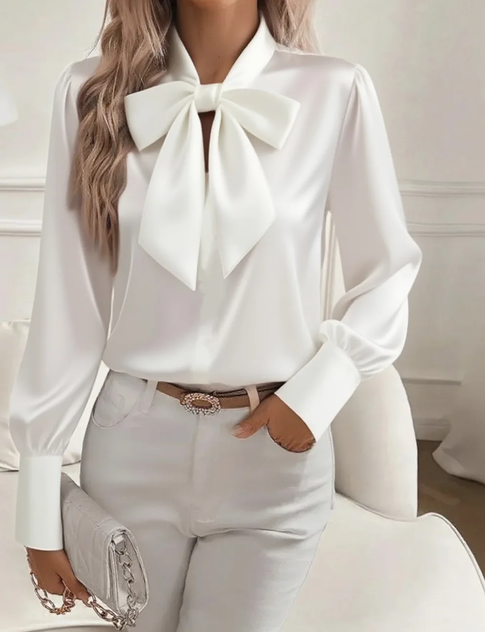 2025 Spring Autumn New Women's Bow Shirt Long Sleeve Satin Fashion Korean Top Elegant Office Basic White Blouses for Female