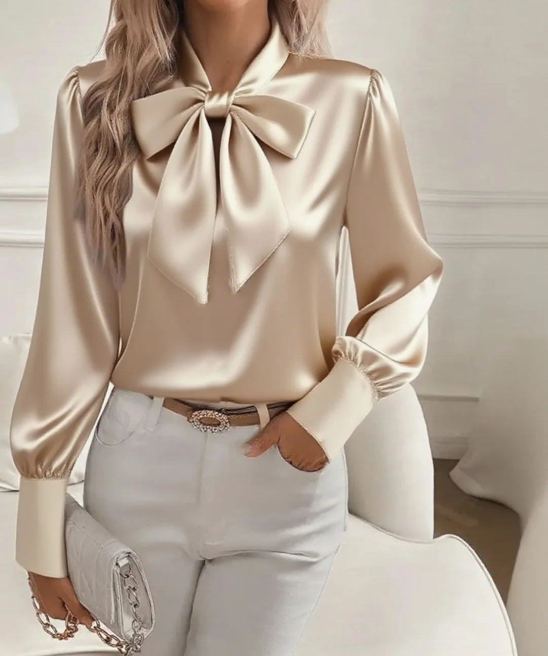 2025 Spring Autumn New Women's Bow Shirt Long Sleeve Satin Fashion Korean Top Elegant Office Basic White Blouses for Female