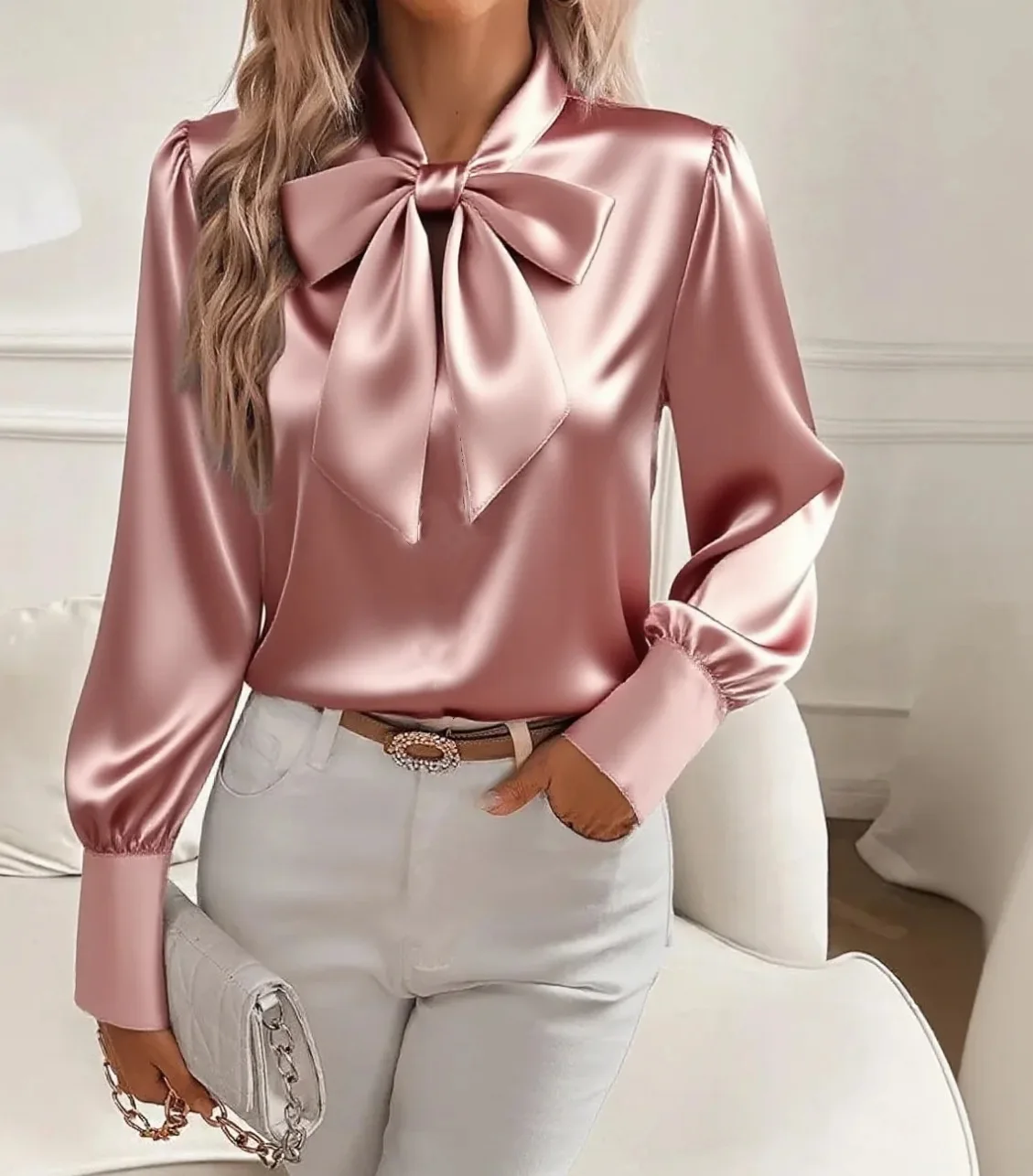2025 Spring Autumn New Women's Bow Shirt Long Sleeve Satin Fashion Korean Top Elegant Office Basic White Blouses for Female