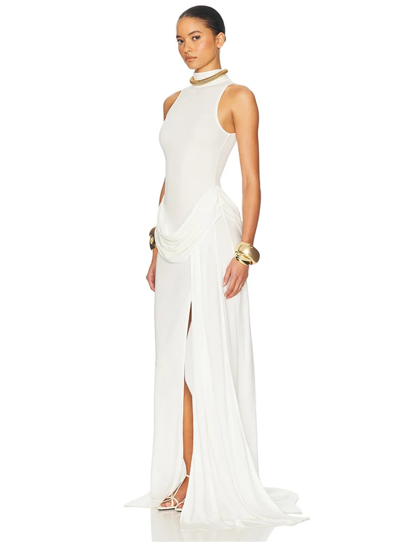 Blifanbo Turtleneck Off-shoulder Sleeveless Thigh Split High Waist Pleated Maxi Dress For Women Elegant Fashion Club Party Dress