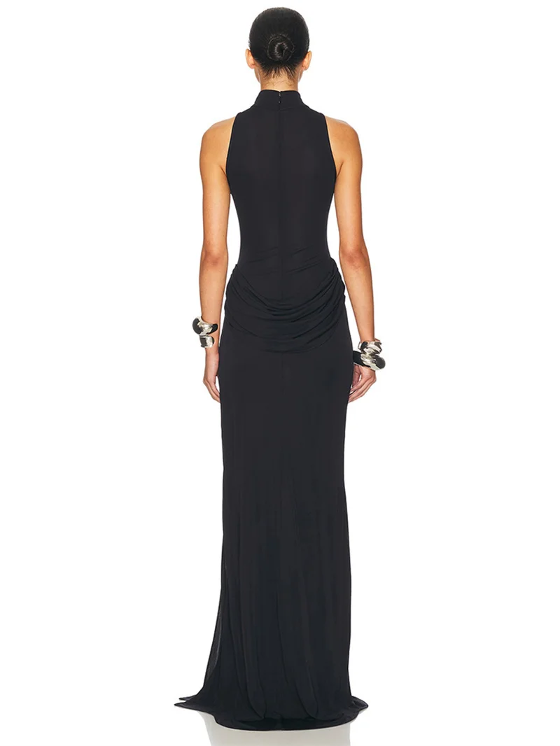 Blifanbo Turtleneck Off-shoulder Sleeveless Thigh Split High Waist Pleated Maxi Dress For Women Elegant Fashion Club Party Dress