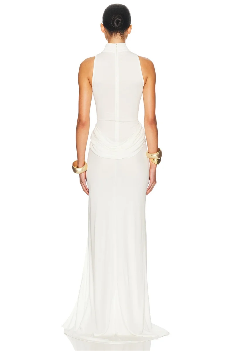 Blifanbo Turtleneck Off-shoulder Sleeveless Thigh Split High Waist Pleated Maxi Dress For Women Elegant Fashion Club Party Dress