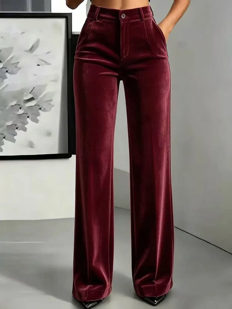 New Women Velvet Straight‑leg Pants, High Waist Draping Simple Trousers, Slim Fit Tummy Control Casual Bottoms