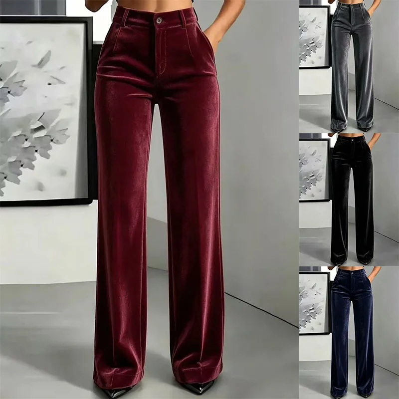 New Women Velvet Straight‑leg Pants, High Waist Draping Simple Trousers, Slim Fit Tummy Control Casual Bottoms