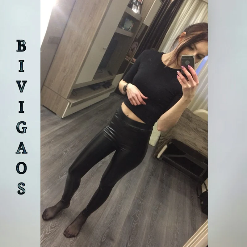 BIVIGAOS Fashion Women PU Leather Pants Elastic High Waist Winter Leggings Slim Velvet Leather Leggings Skinny Fleece Trousers