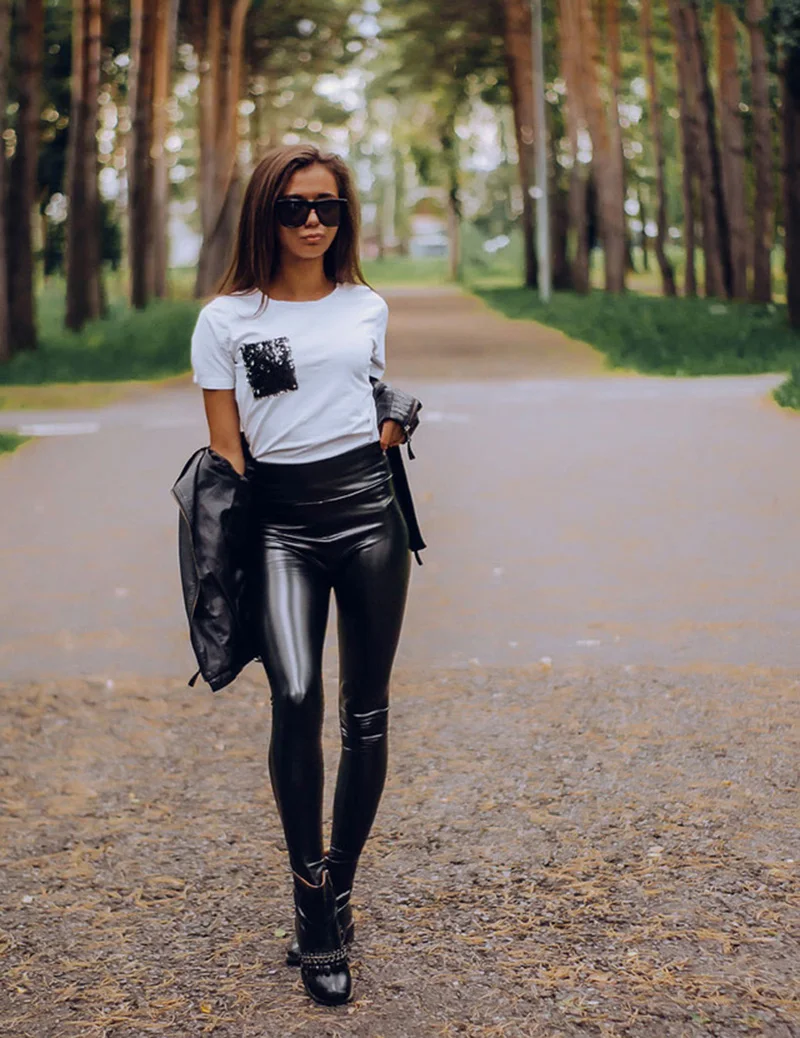 BIVIGAOS Fashion Women PU Leather Pants Elastic High Waist Winter Leggings Slim Velvet Leather Leggings Skinny Fleece Trousers
