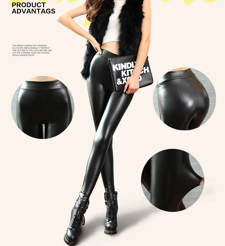 BIVIGAOS Fashion Women PU Leather Pants Elastic High Waist Winter Leggings Slim Velvet Leather Leggings Skinny Fleece Trousers