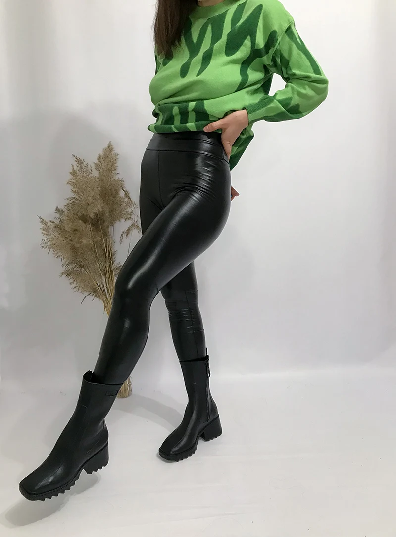 BIVIGAOS Fashion Women PU Leather Pants Elastic High Waist Winter Leggings Slim Velvet Leather Leggings Skinny Fleece Trousers