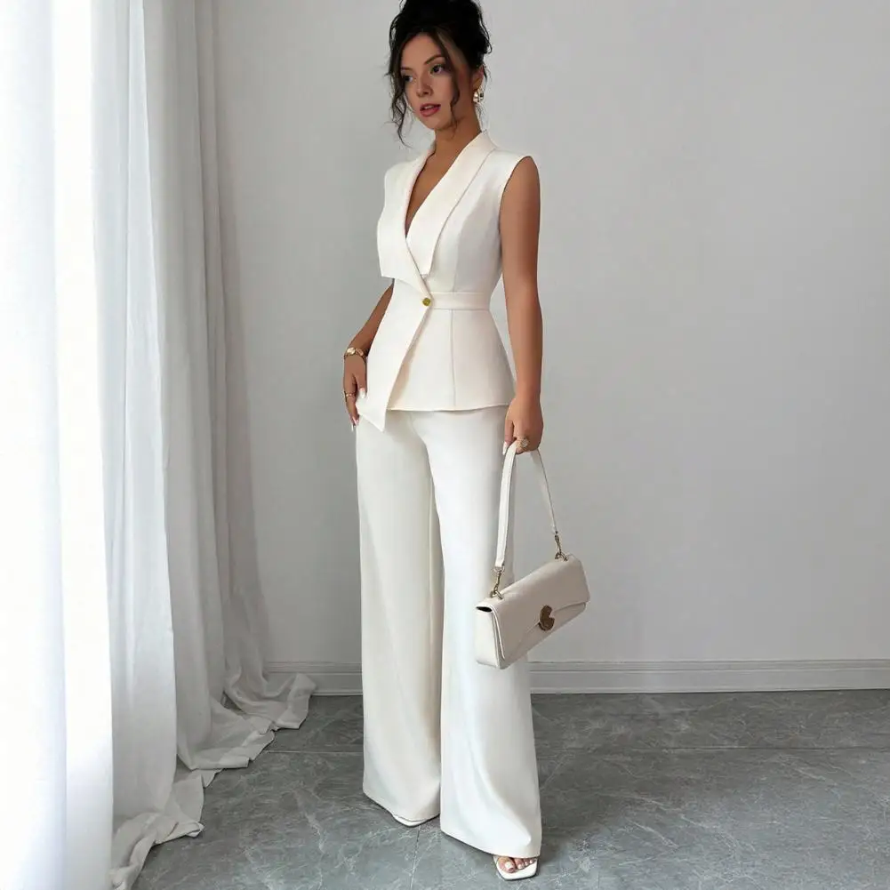 Women's Business 2 Piece Outfits Casual Sleeveless Blazer Vest Wide Leg Pants Suit Set Dressy Office Work Set