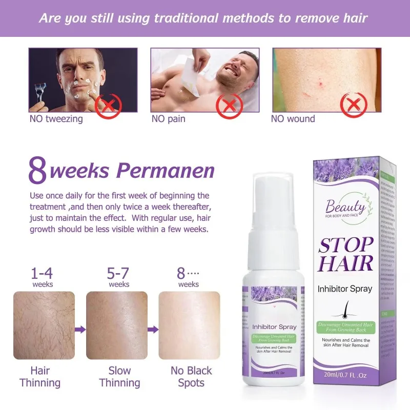 Permanant Hair Removal Inhibitor Spray Beard Bikini Intimate Legs Body Armpit Painless Facial Stop Hair
